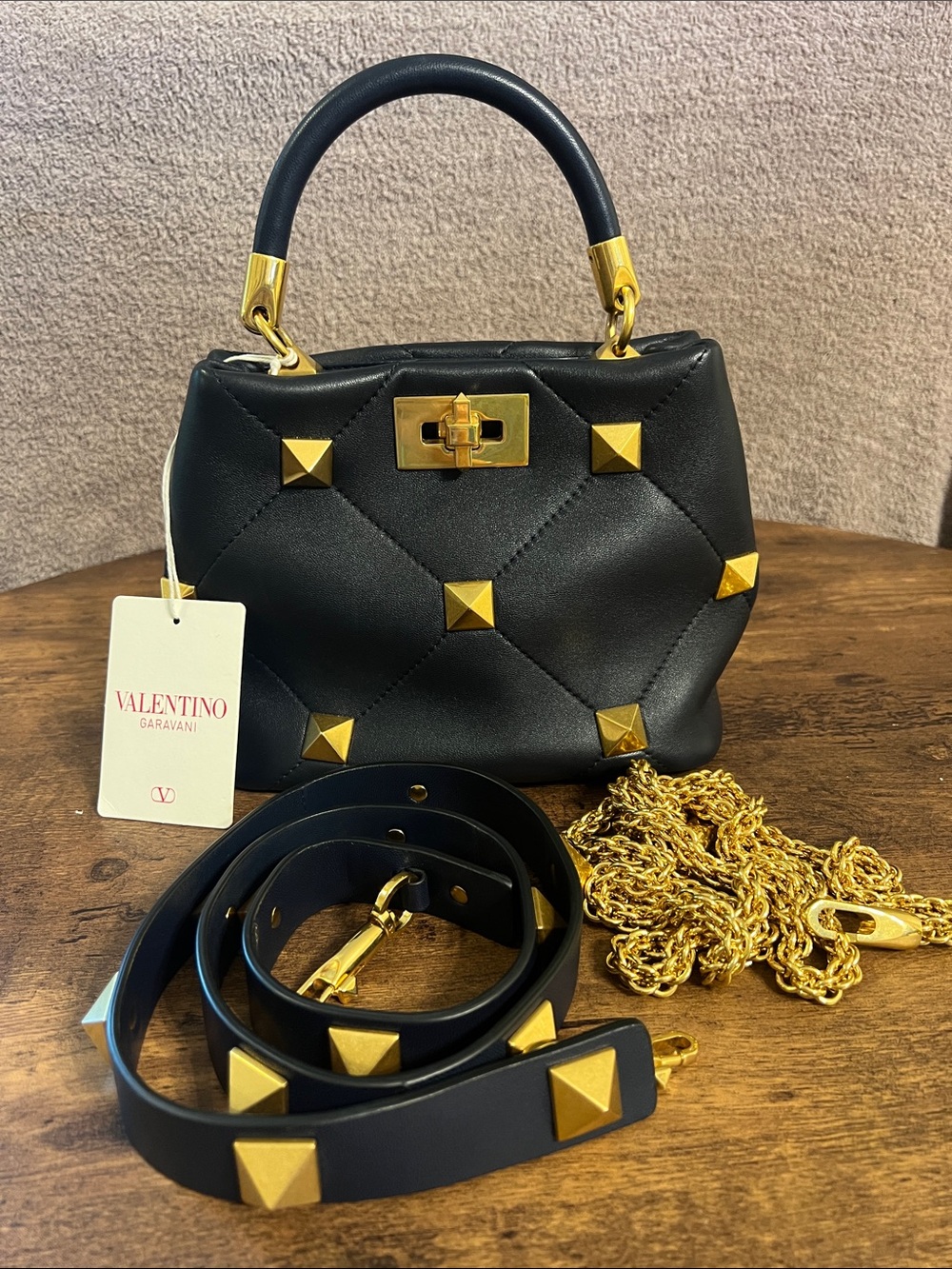 Valentino Garavani Navy Quilted “The Handle” Bag with Gold Roman Studs